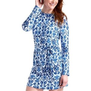 Coolibar Cover Up Mini Dress Long Sleeve Pullover Blue White Medium